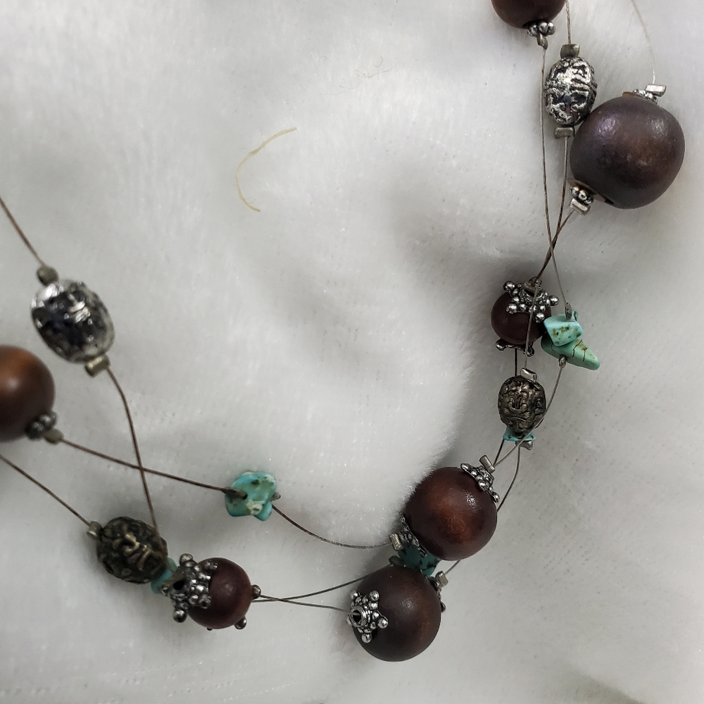 Multi-Strand Dark Red and Turquoise Beaded Necklace